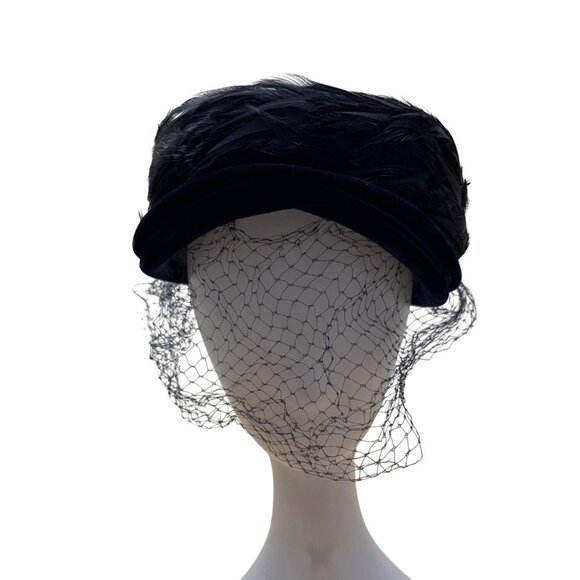 Vintage 50s 60s Navy Velvet Feather Pillbox Hat w/ Veil 22.5" Circ Retro Formal - Picture 1 of 8